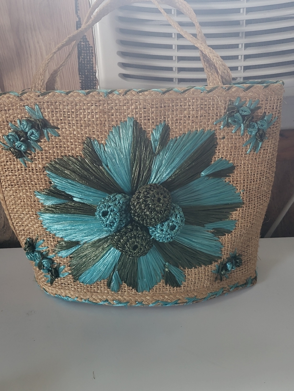Vintage 100% Corn Husk- summer Straw Tote handbag with blue flower embroidery